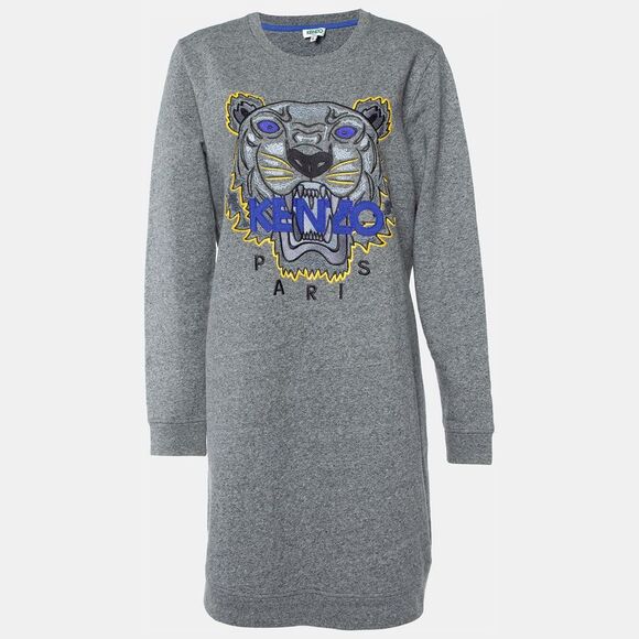 Kenzo Grey Tiger Embroidered Cotton Sweater Dress Xl